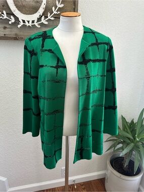 Misook Green & black Patterned Open-Front Women's Sweater Cardigan size L Petite